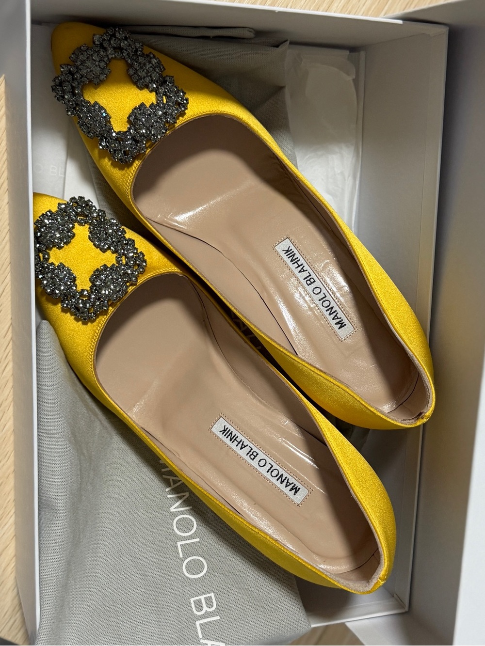 Manolo Blahnik Yellow Satin Crystal Buckle Flats